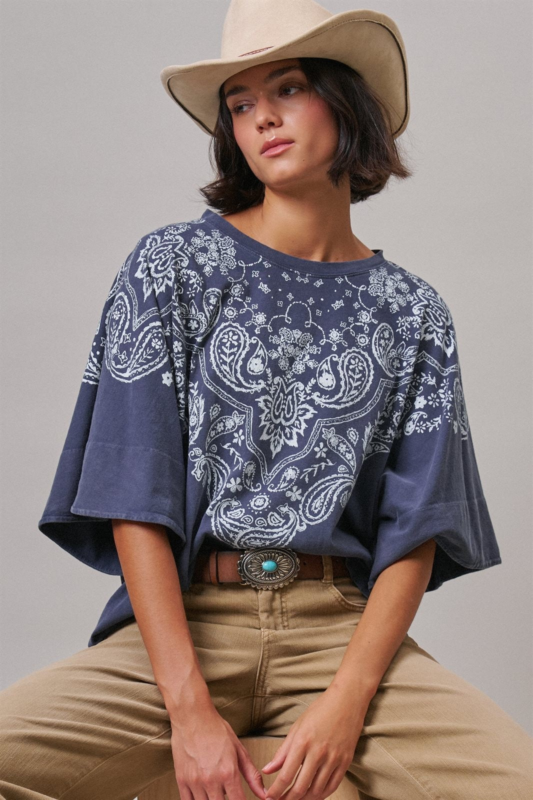 Bandana Print Oversized Graphic Tee, Washed Cotton in Indigo - Women's Graphic T-shirts | Urban Daizy