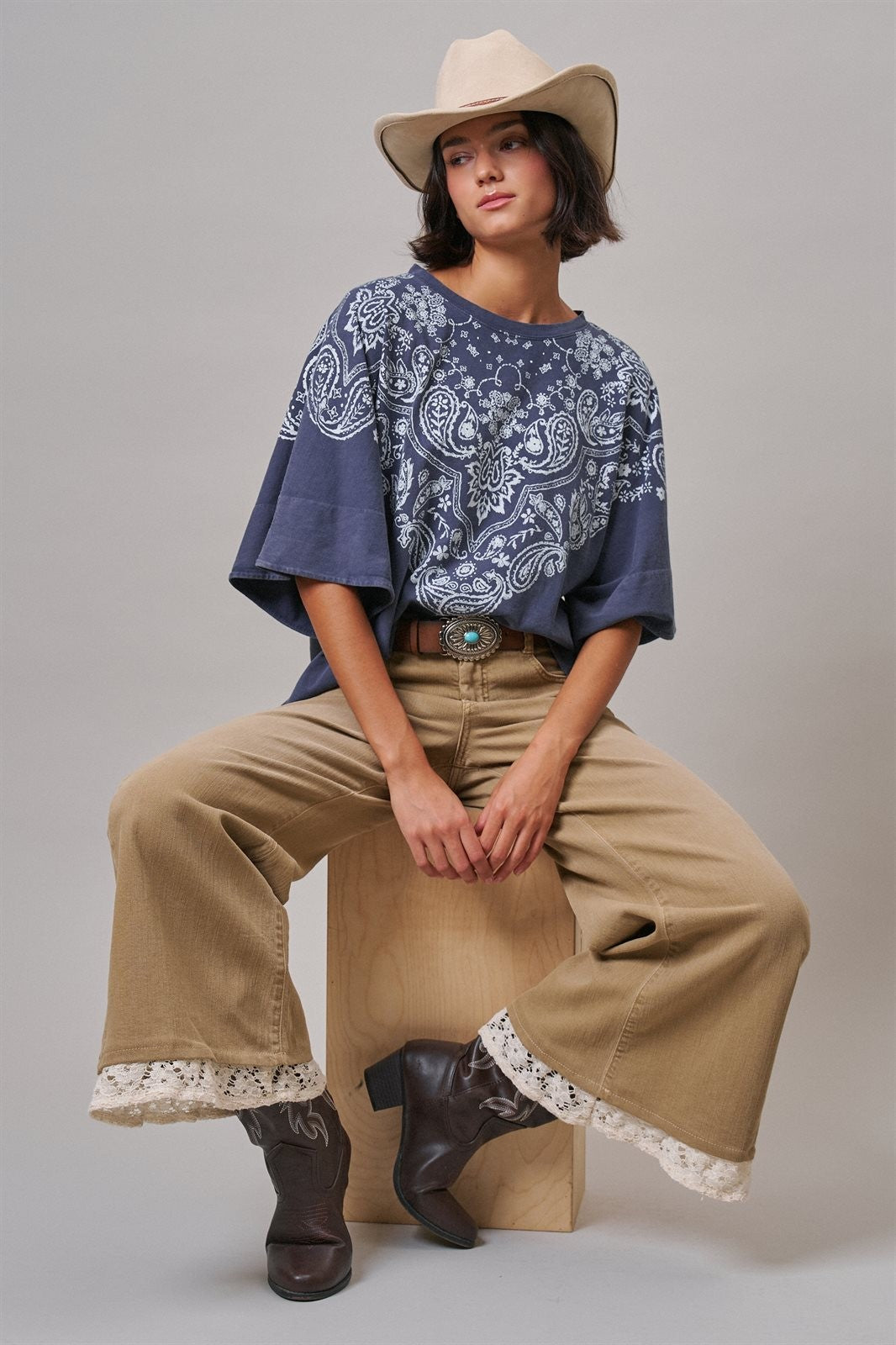 Bandana Print Oversized Graphic Tee, Washed Cotton in Indigo - Women's Graphic T-shirts | Urban Daizy