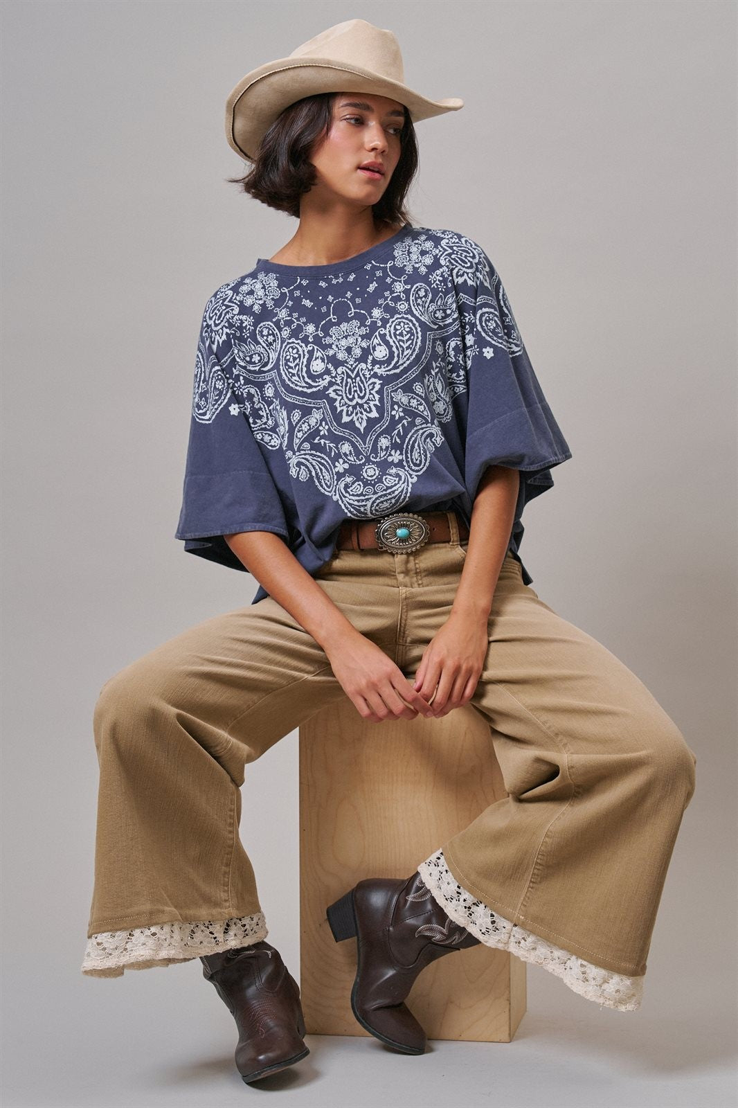 Bandana Print Oversized Graphic Tee, Washed Cotton in Indigo - Women's Graphic T-shirts | Urban Daizy