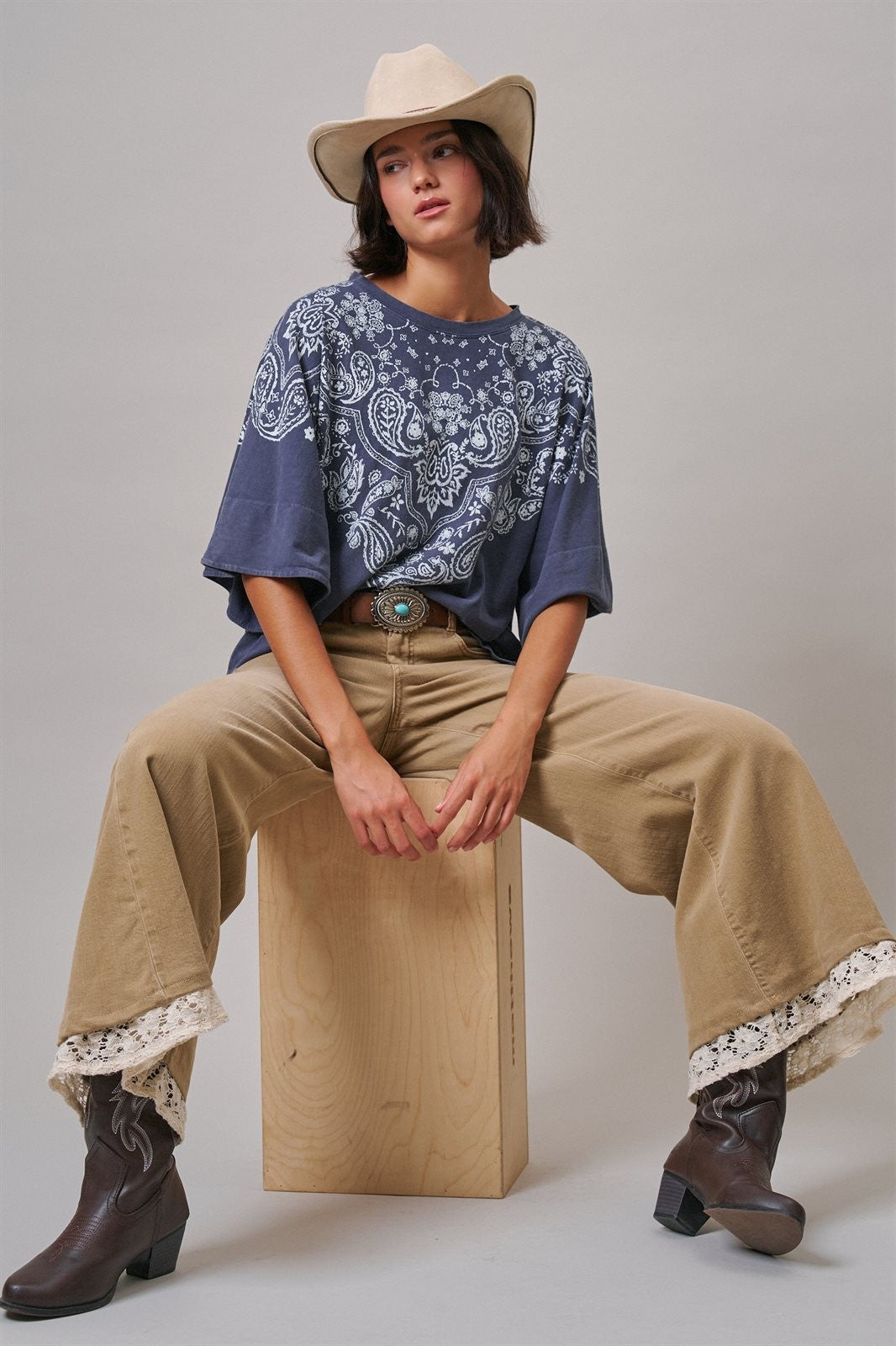 Bandana Print Oversized Graphic Tee, Washed Cotton in Indigo - Women's Graphic T-shirts | Urban Daizy