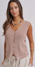Button-Front Knit Vest Top with Side Detail in Khaki - Women's Fashion | Urban Daizy