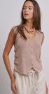 Button-Front Knit Vest Top with Side Detail in Khaki - Women's Fashion | Urban Daizy