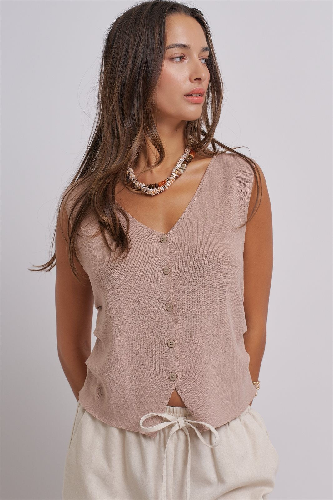 Button-Front Knit Vest Top with Side Detail in Khaki - Women's Fashion | Urban Daizy
