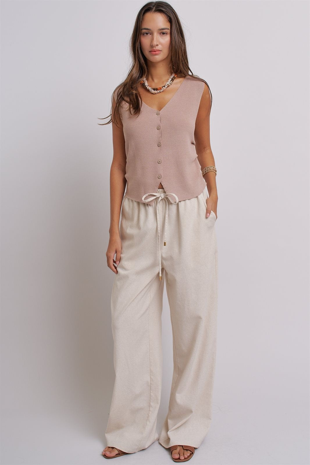 Button-Front Knit Vest Top with Side Detail in Khaki - Women's Fashion | Urban Daizy
