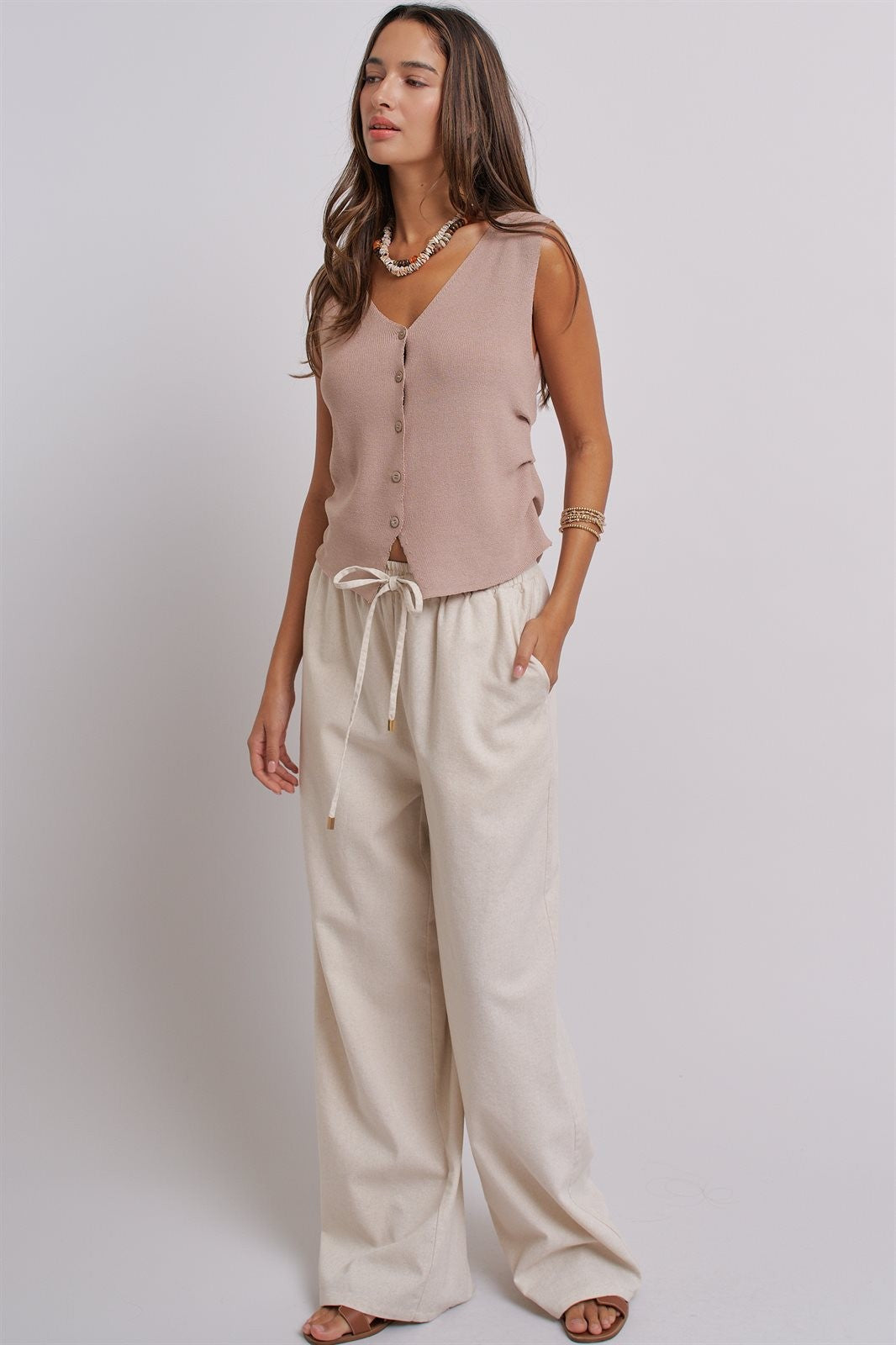 Button-Front Knit Vest Top with Side Detail in Khaki - Women's Fashion | Urban Daizy