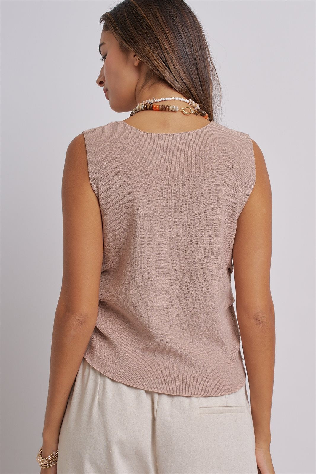 Button-Front Knit Vest Top with Side Detail in Khaki - Women's Fashion | Urban Daizy
