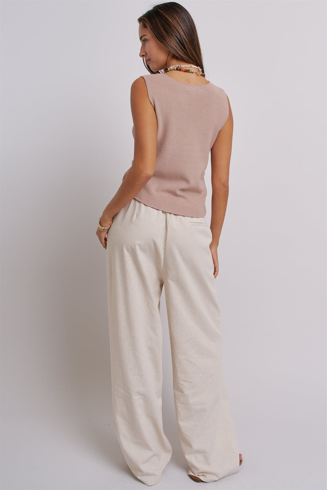 Button-Front Knit Vest Top with Side Detail in Khaki - Women's Fashion | Urban Daizy