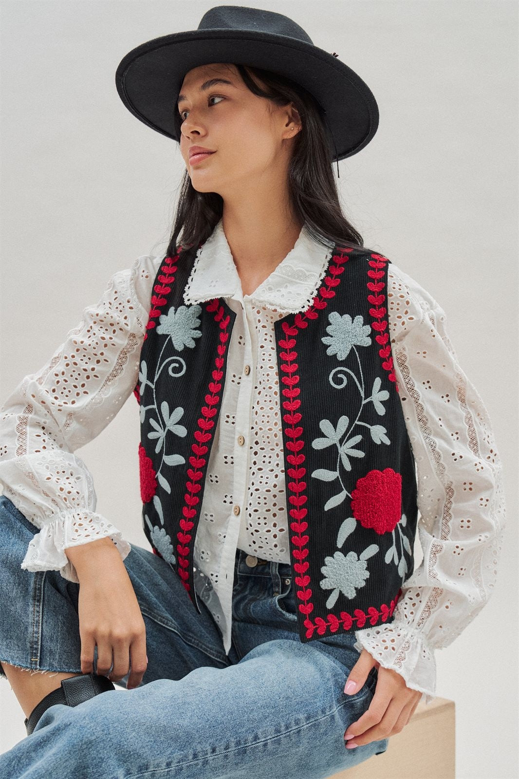 Floral Embroidered Corduroy Vest in Black - Women's Fashion | Urban Daizy