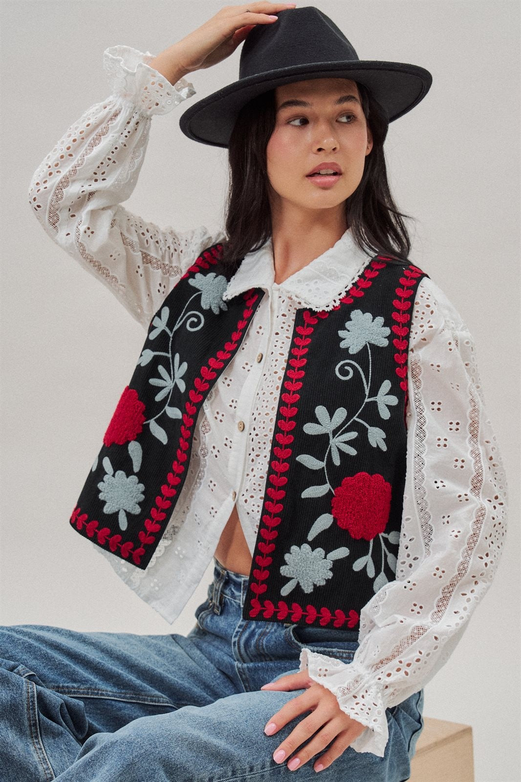 Floral Embroidered Corduroy Vest in Black - Women's Fashion | Urban Daizy
