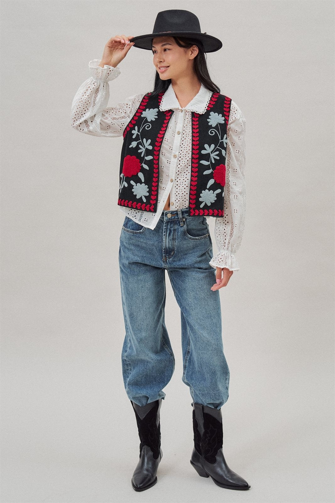 Floral Embroidered Corduroy Vest in Black - Women's Fashion | Urban Daizy