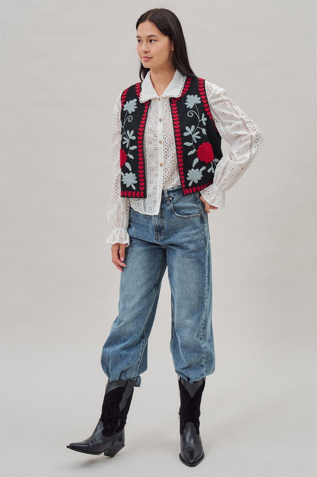 Floral Embroidered Corduroy Vest in Black - Women's Fashion | Urban Daizy