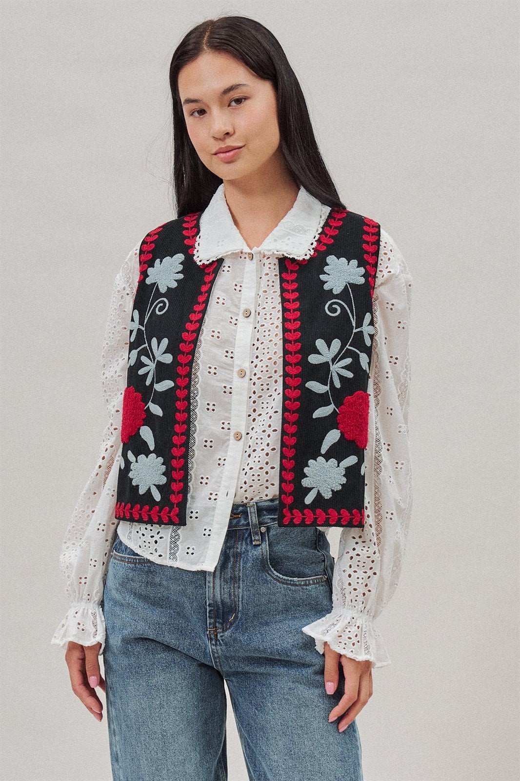 Floral Embroidered Corduroy Vest in Black - Women's Fashion | Urban Daizy