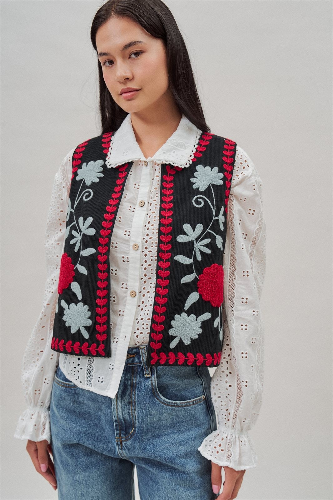 Floral Embroidered Corduroy Vest in Black - Women's Fashion | Urban Daizy