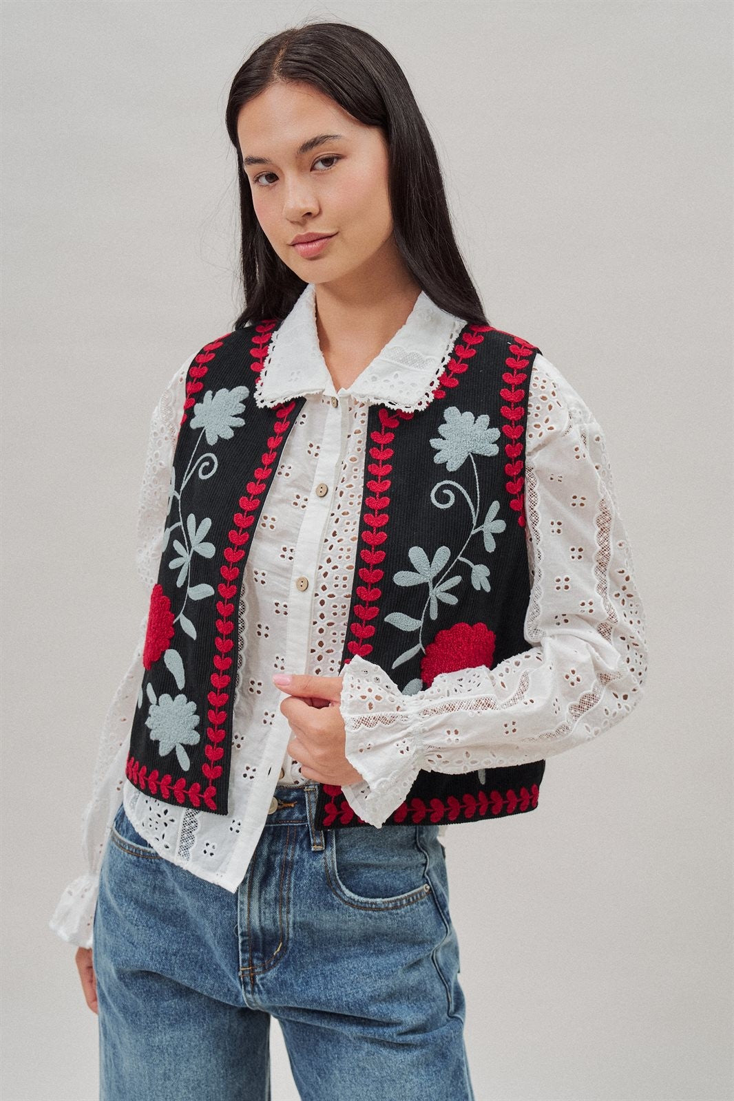Floral Embroidered Corduroy Vest in Black - Women's Fashion | Urban Daizy