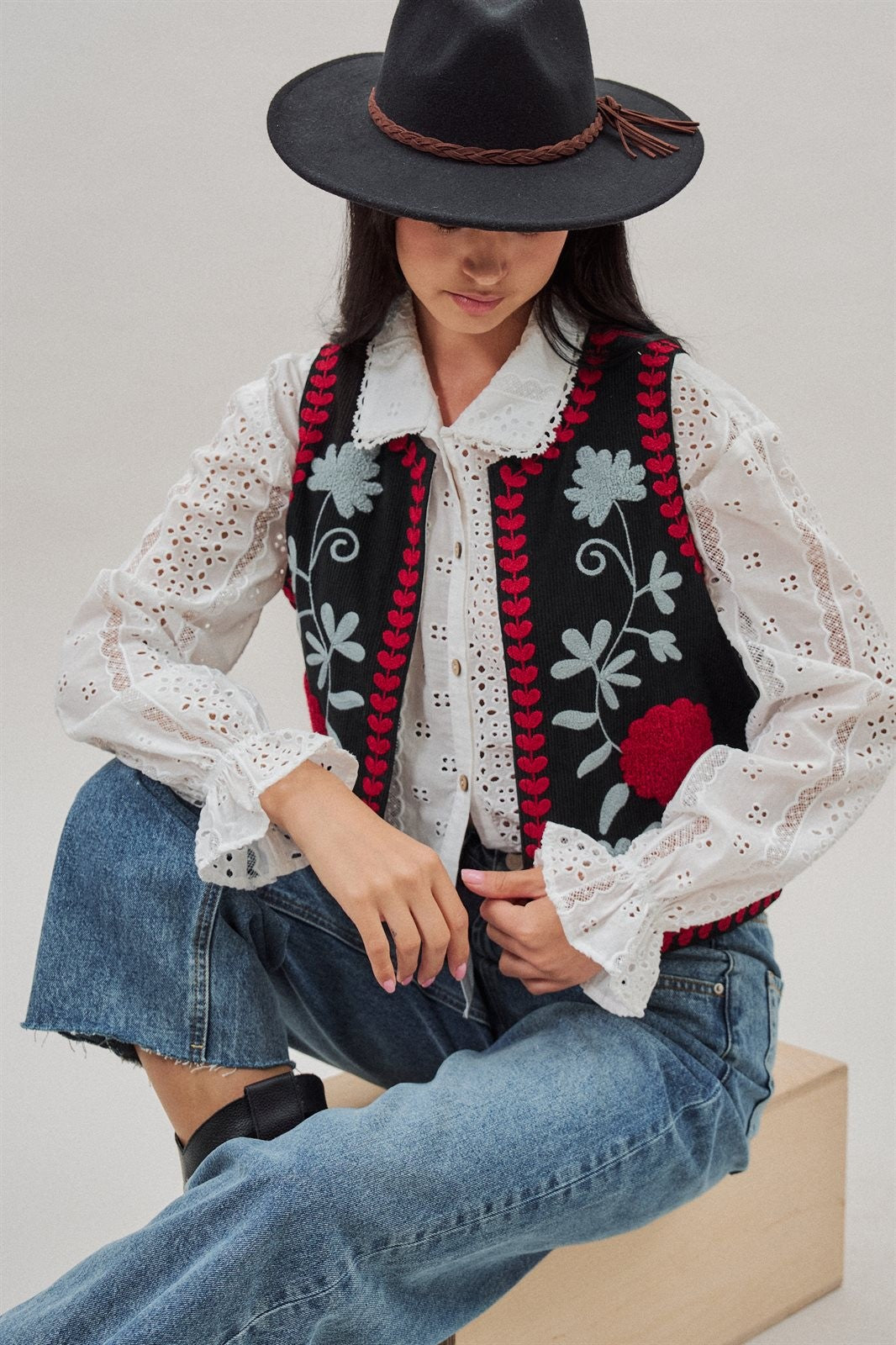 Floral Embroidered Corduroy Vest in Black - Women's Fashion | Urban Daizy