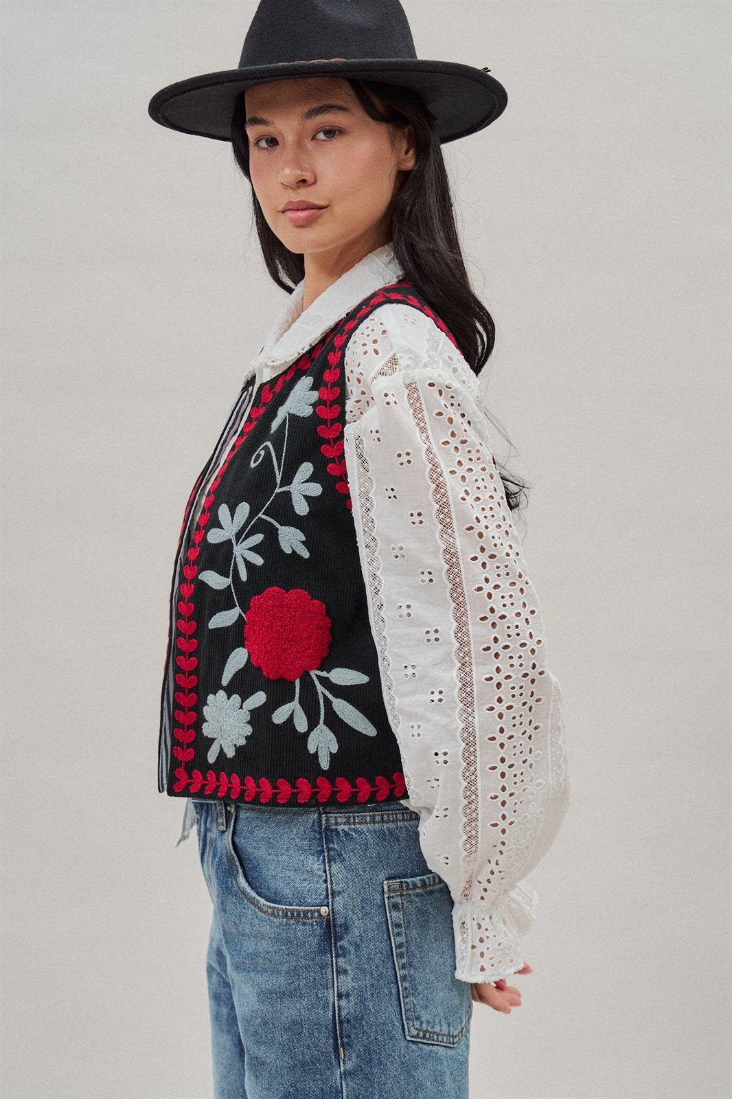 Floral Embroidered Corduroy Vest in Black - Women's Fashion | Urban Daizy