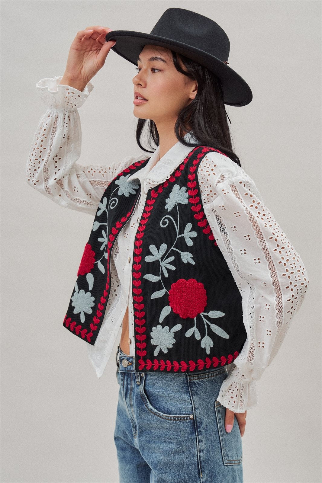 Floral Embroidered Corduroy Vest in Black - Women's Fashion | Urban Daizy