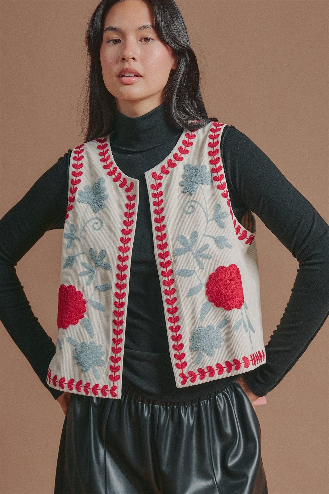 Floral Embroidered Corduroy Vest in Ivory - Women's Fashion | Urban Daizy