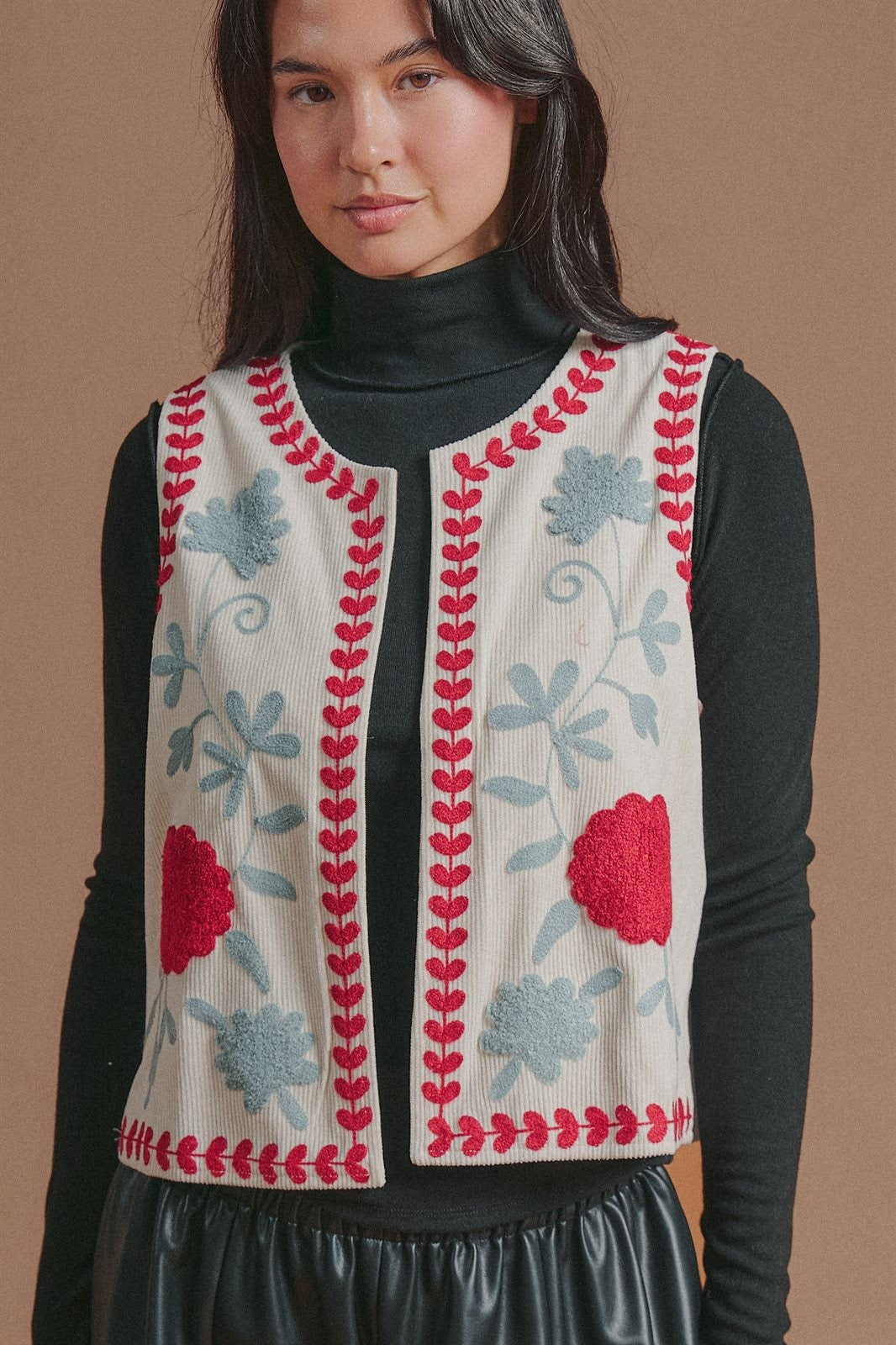 Floral Embroidered Corduroy Vest in Ivory - Women's Fashion | Urban Daizy