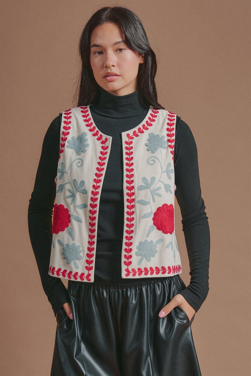 Floral Embroidered Corduroy Vest in Ivory - Women's Fashion | Urban Daizy