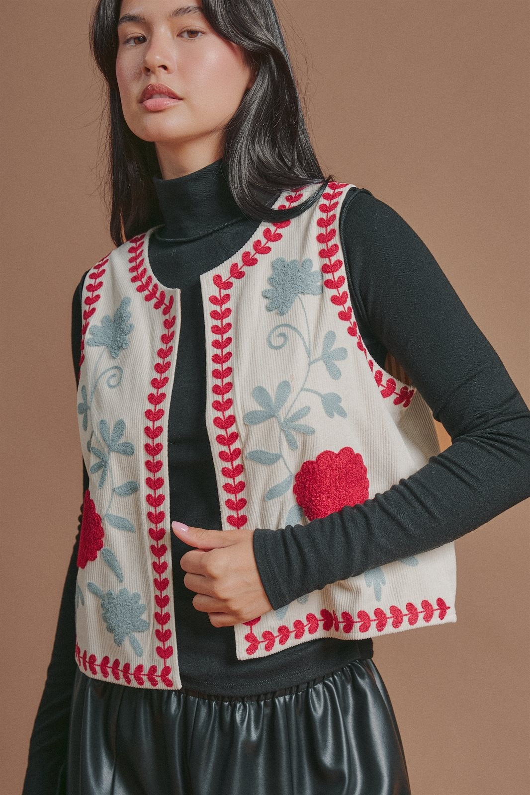 Floral Embroidered Corduroy Vest in Ivory - Women's Fashion | Urban Daizy