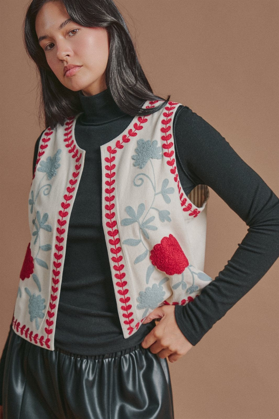 Floral Embroidered Corduroy Vest in Ivory - Women's Fashion | Urban Daizy