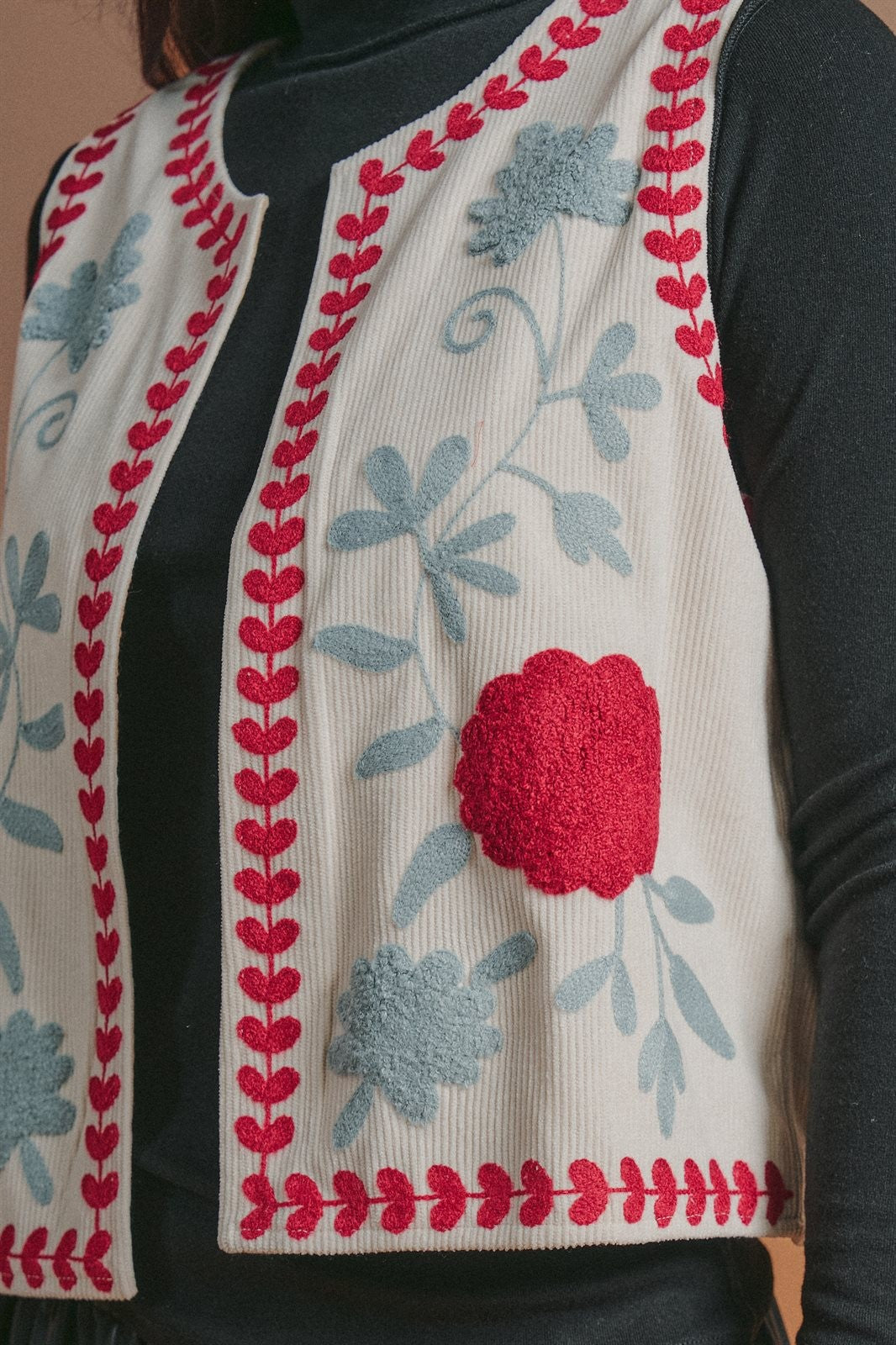 Floral Embroidered Corduroy Vest in Ivory - Women's Fashion | Urban Daizy