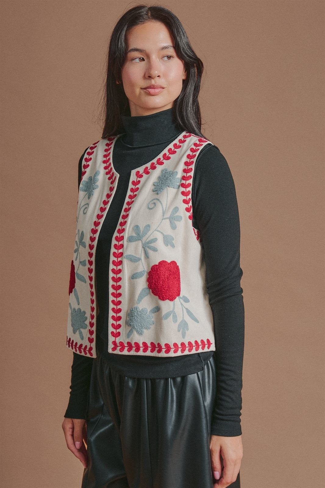 Floral Embroidered Corduroy Vest in Ivory - Women's Fashion | Urban Daizy