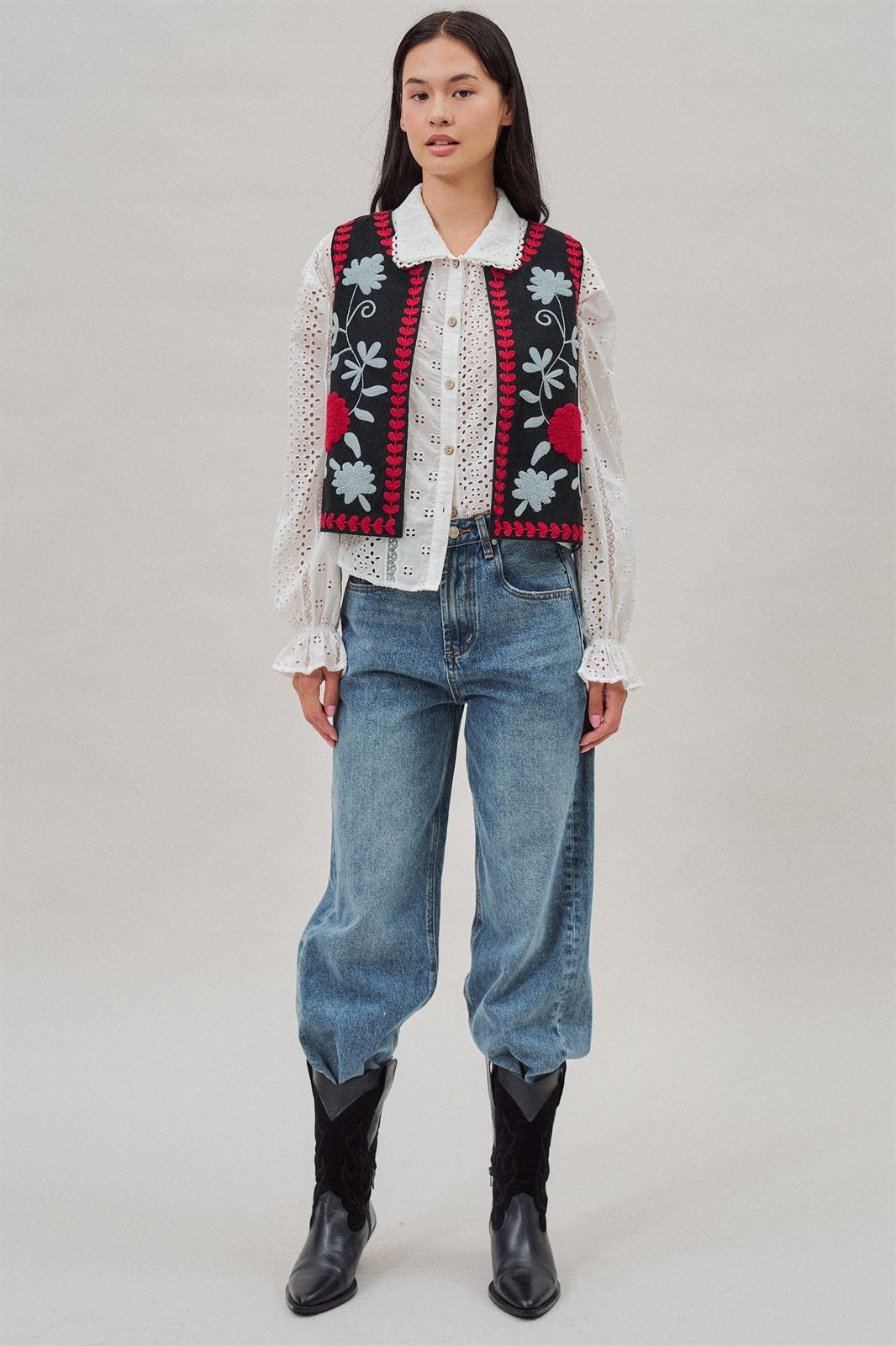 Floral Embroidered Corduroy Vest in Ivory - Women's Fashion | Urban Daizy