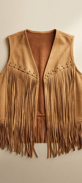 Studded Faux Suede Fringe Vest in Camel - Women's Vests | Urban Daizy