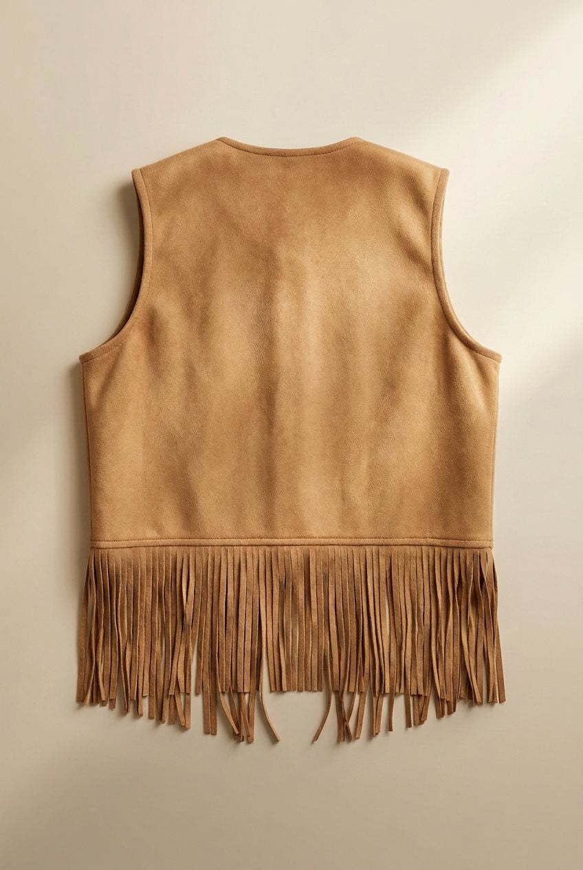 Studded Faux Suede Fringe Vest in Camel - Women's Vests | Urban Daizy