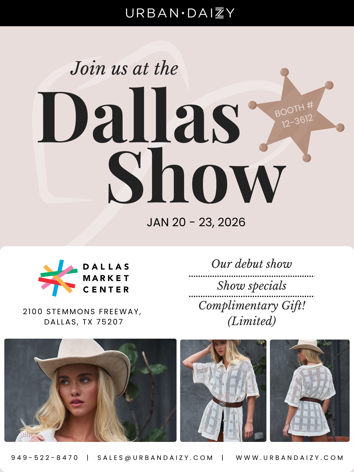 Urban Daizy Wholesale Women's Apparel Debut at Dallas Market Center, Jan 20-23, 2026. Visit Booth 12-3612 for western chic styles and show specials.