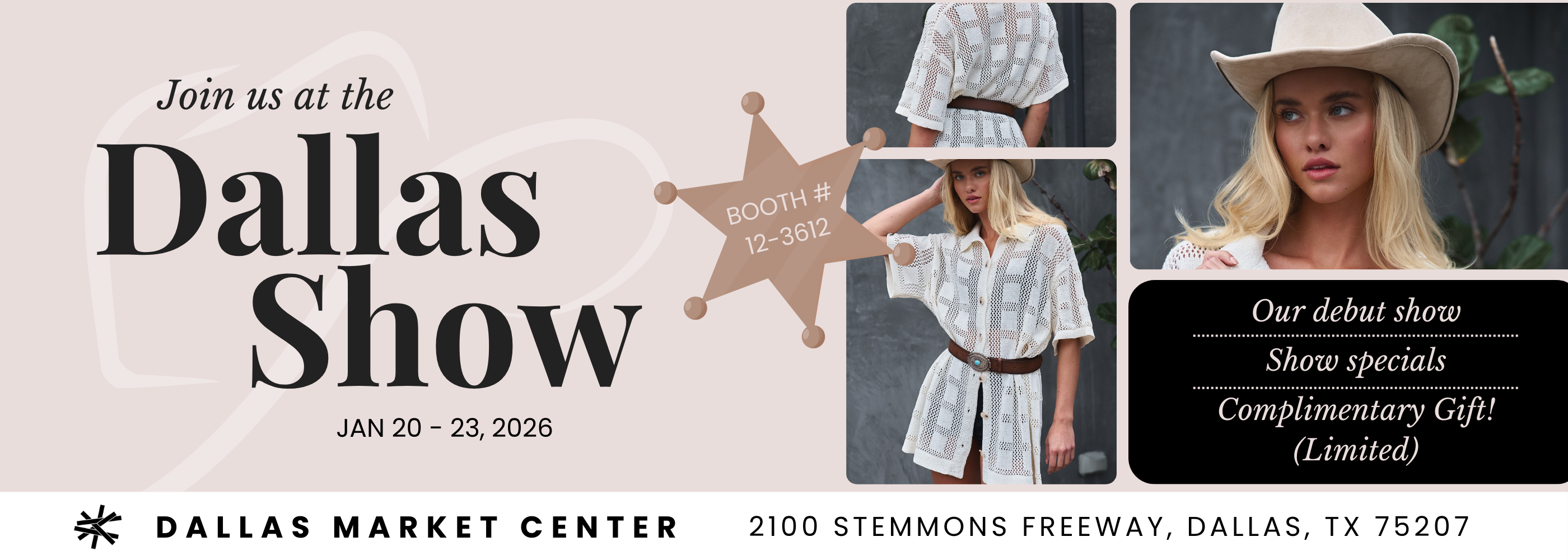 Urban Daizy Wholesale Women's Apparel Debut at Dallas Market Center, Jan 20-23, 2026. Visit Booth 12-3612 for western chic styles and show specials.