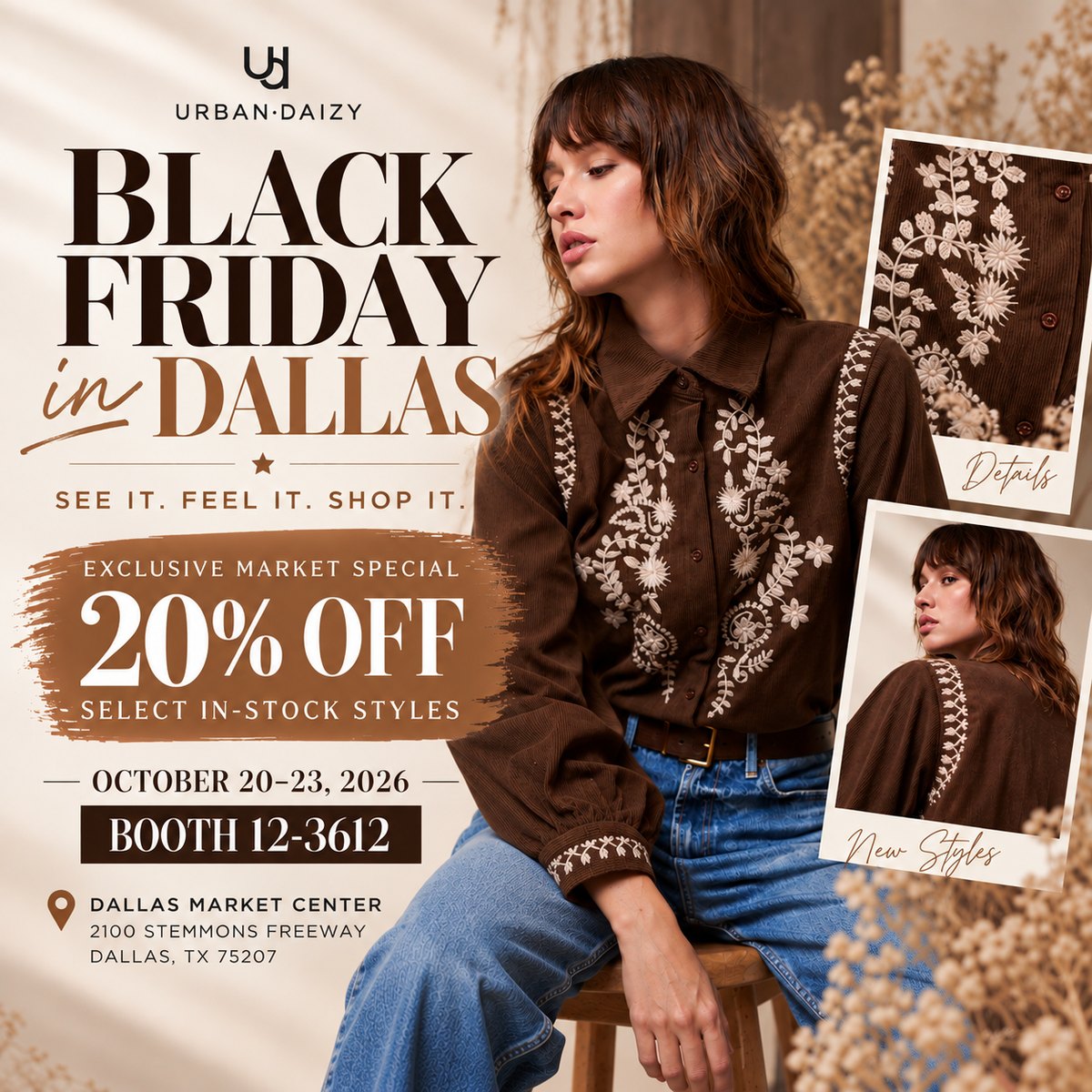 Black Friday in Dallas — Urban Daizy at Dallas Market Center, October 20–23, 2026, booth WTC 12-3612, 20% off select in-stock styles